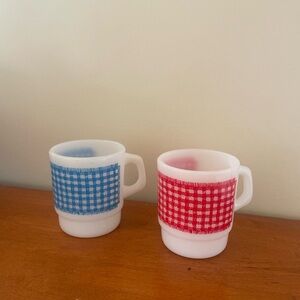 Vintage 1960 anchor Hocking fire king White Milk Glass Mugs Red Blue Gingham mug
